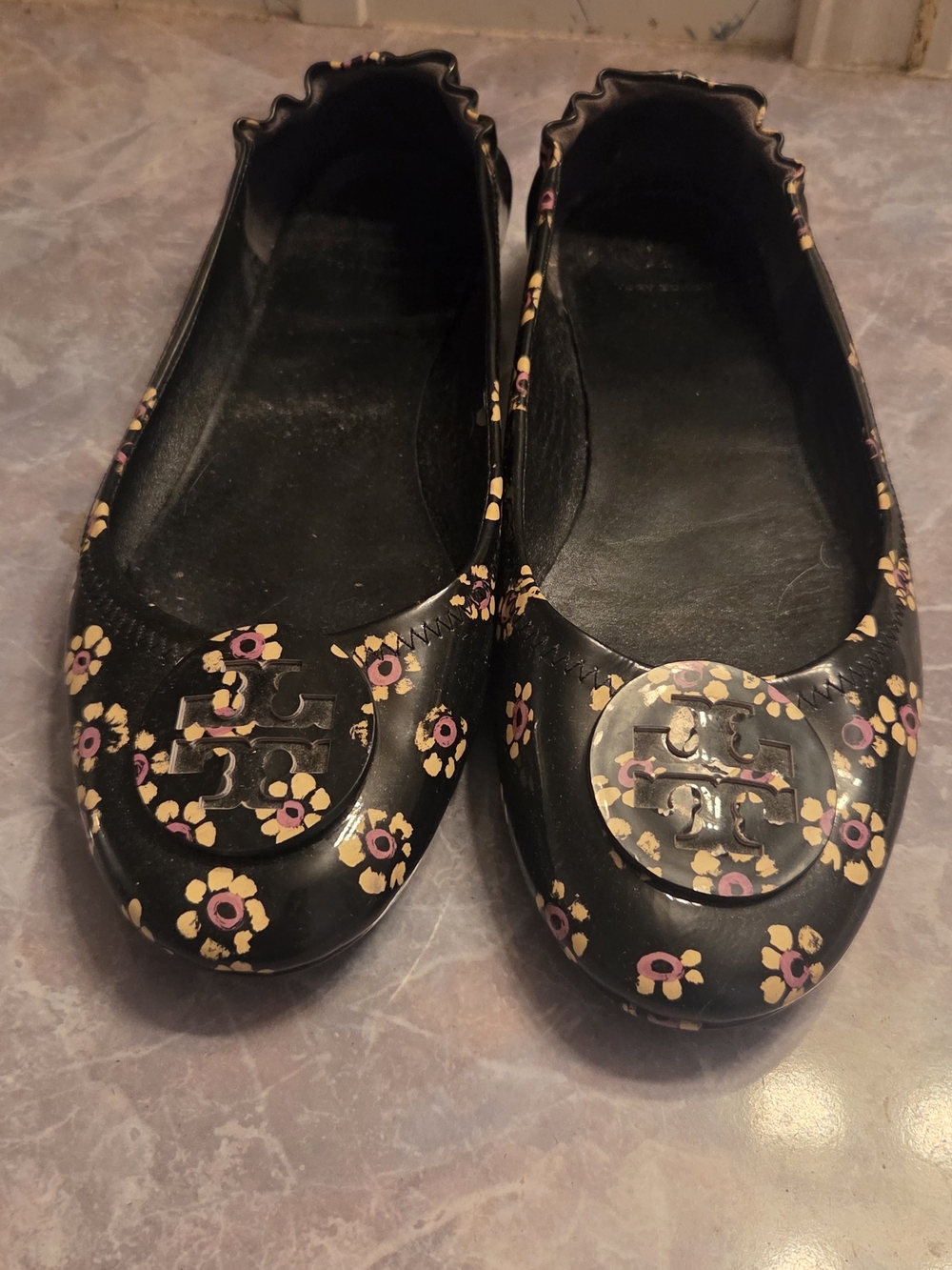 Tory Burch Black Floral Logo Jelly Ballet Flats